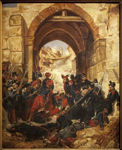 Toma de una casbah (kasbah) argelina - Pintura de Hugues Martin (1809-?) , óleo sobre lienzo, 40,5 x 33 cm - Museo de Bellas Artes de Macon de Hugues Martin