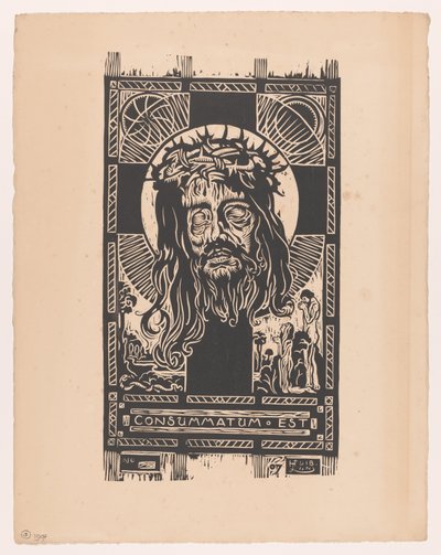 Cabeza de Cristo con corona de espinas ante una cruz, adorada por un hombre y una mujer
Consummatum est (título sobre el objeto) de Huib Luns