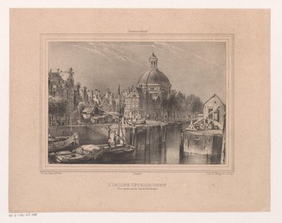 Gezicht op de Stromarkt, het Singel en de Lutherse kerk La Iglesia Luterana. Vista tomada en el Canal (conocido como Singel) (título sobre objeto) Recuerdo de Ámsterdam Ocho Vistas dibujadas y litografiadas del natural por H. van Hove Bz. (título de la ser de Huib van Hove Bz