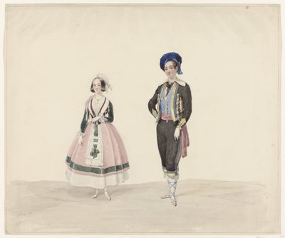 Hombre y mujer con traje histórico, 1841 Seis acuarelas de trajes históricos para el baile de disfraces de 1841 (título de la serie) de Huib van Hove Bz