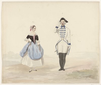 Hombre y mujer con traje histórico, 1841 Seis acuarelas de trajes históricos para el baile de disfraces de 1841 (título de la serie) de Huib van Hove Bz