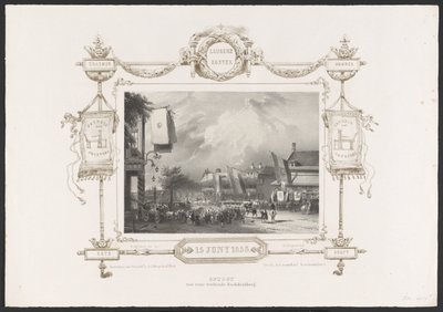 Procesión con una imprenta, 1836 Optogt van eene working Drukkerij / 15 de junio de 1836 (título sobre el objeto) Placas de la celebración del segundo centenario de la Utrechtsche Hogeschool, 1836 (título de la serie) de Huib van Hove Bz