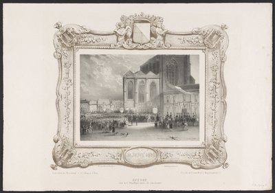 Procesión desde el Ayuntamiento hasta el edificio de la Academia, 1836 Ascensión del Ayuntamiento a la Academia (título sobre objeto) Placas de la celebración del segundo centenario de la Utrechtsche Hogeschool, 1836 (título de la serie) de Huib van Hove Bz