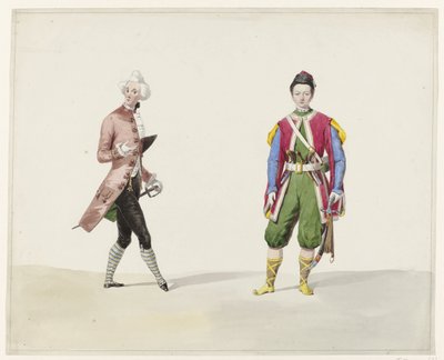 Dos hombres en traje histórico, 1841 Seis acuarelas de trajes históricos para el baile de disfraces de 1841 (título de la serie) de Huib van Hove Bz