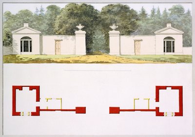 Elevación y planos de planta de la nueva entrada propuesta y pabellones, del Libro Rojo para Antony House, c.1812 de Humphry Repton