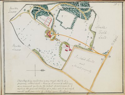 Mapa de "Red Books", para "Mogenhanger en Bedfordshire, una residencia de Godfrey Thornton Esq.", 1792 de Humphry Repton