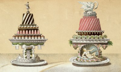 Diseño para la presentación de Charlottes a la Reina y Pain de Framboises a la Leda, ilustración de un libro de cocina húngaro sobre cocina francesa, c.1880 de Hungarian School