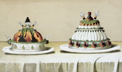 Diseño para la presentación de pollo relleno de foie gras y pechugas de faisán cocidas al estilo Berthold, ilustración de un libro de cocina húngaro sobre cocina francesa, c.1880 de Hungarian School