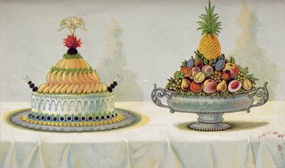 Diseño para la presentación de pollo con mayonesa y gelatina sobre una cama de mantequilla y hielo y fruta, ilustración de un libro de cocina húngaro sobre cocina francesa, c.1880 de Hungarian School