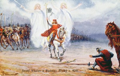Duque de Kourim rindiéndose a San Wenceslao después de ver a dos ángeles acompañando al santo de Hungarian School
