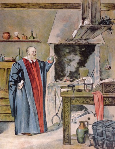 Emperador Rodolfo II Habsburgo (1552-1612) en su taller de alquimia de Hungarian School