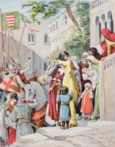 Juan Hunyadi abraza a su esposa, Erzsébet Szilágyi, mientras se despide para la batalla, c.1900 de Hungarian School