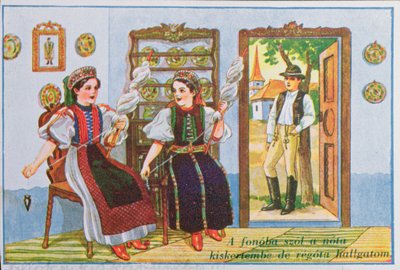 Postal que representa a mujeres en traje tradicional húngaro hilando y cantando la canción popular Canta una canción a la rana, c.1940 de Hungarian School