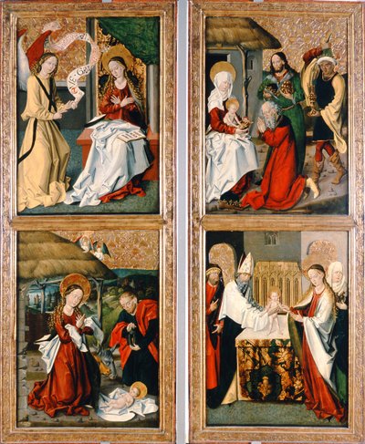 La Anunciación, el Nacimiento de Cristo, la Adoración de los Magos y la Presentación en el Templo del Retablo de Szepeshely de Hungarian School