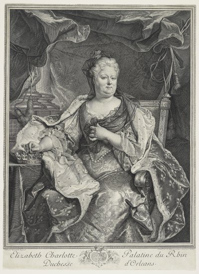 Elizabeth Charlotte Palatine du Rhin, duquesa de Orleans, grabado por Charles Louis Simmoneau de Hyacinthe Francois Rigaud