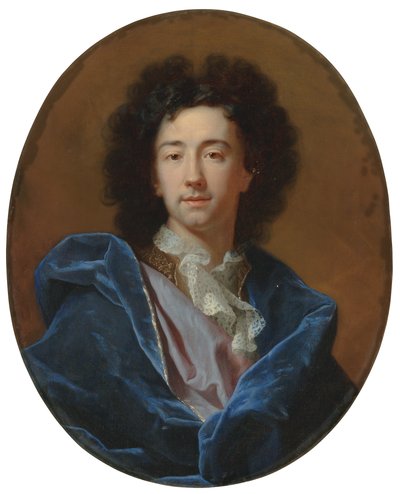 Retrato del artista, busto, con corbata de encaje y capa azul de Hyacinthe Francois Rigaud