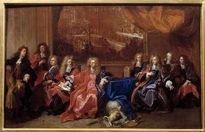 El preboste y los échevins de la ciudad de París deliberando sobre la conmemoración de la cena ofrecida a Luis XIV en el Hôtel de Ville después de su guerra en 1687 de Hyacinthe Francois Rigaud