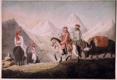 William Moorcroft y Hearsay en el camino hacia el lago Mansarovar (Tíbet) 1812 (acuarela sobre papel) de Hyder Jung Hearsey