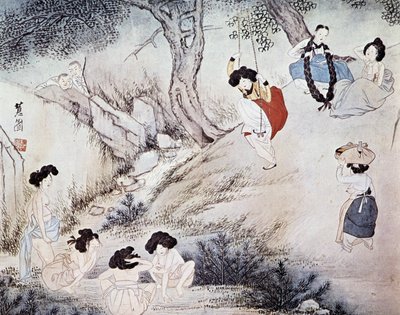 Mujeres al aire libre (baño en el río y columpio) y dos hombres observándolas, Kree - por Hye-Wol, dinastía Yi de Hyewon