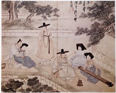 Música, fumistería y pareja en un jardín, Corea - por Hye-Wol, dinastía Yi de Hyewon