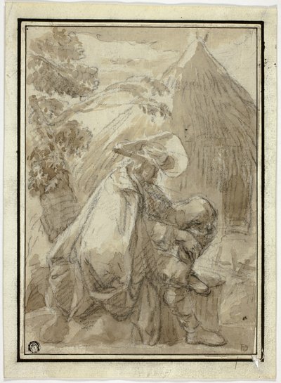 Hombre sentado con manto de Thatched Hut de III Follower of Herman Saftleven