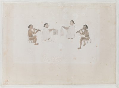 Músicos de Tahití. Cuatro tahitianos, dos vestidos de yegua tocando la flauta de nariz; dos vestidos con tiputa tocando tambores, Registrado en Joseph Banks