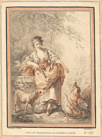 Mujer Alimentando Gallinas de I Gilles Antoine Demarteau after Jean Baptiste Hüet