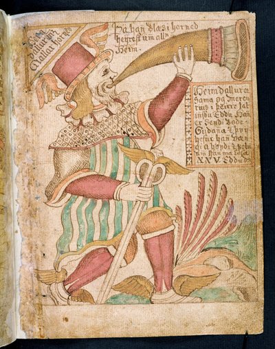 Heimdal tocando su cuerno antes del Ragnarok, del Melsteds Edda de Icelandic School