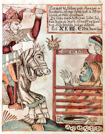 Hermod montado en Sleipnir, el famoso caballo de ocho patas de su padre, en las puertas cerradas del Reino de Hel de Icelandic School