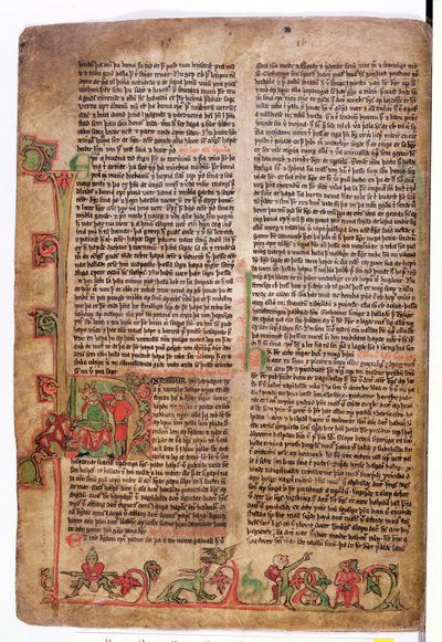 Inicial historiada D al comienzo de La Saga de Olaf Tryggvason, del Flateyjarbok (El Libro de Flatey) finales del siglo XIV de Icelandic School