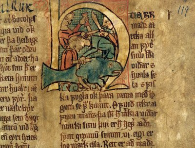 Inicial historiada H de un artículo sobre la división de ballenas varadas, copia de una colección de leyes original del siglo XIV Jonsbok de Icelandic School