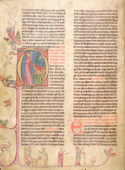 Inicial historiada P que representa El Sacrificio de Abraham, del Stjorn (Gobernanza) de Icelandic School