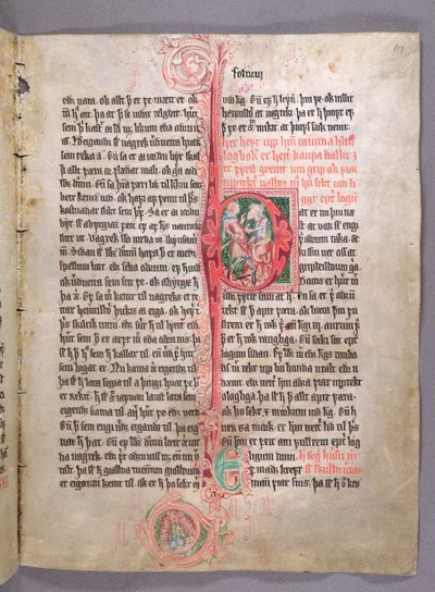 Inicial historiada P que representa a dos comerciantes, del comienzo de la sección sobre comercio, del Skarosbok (El Libro de Skard) c.1350 de Icelandic School