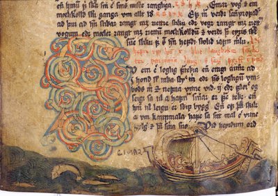 Inicial historiada S, de una copia de la colección de leyes original del siglo XIII Jonsbok de Icelandic School