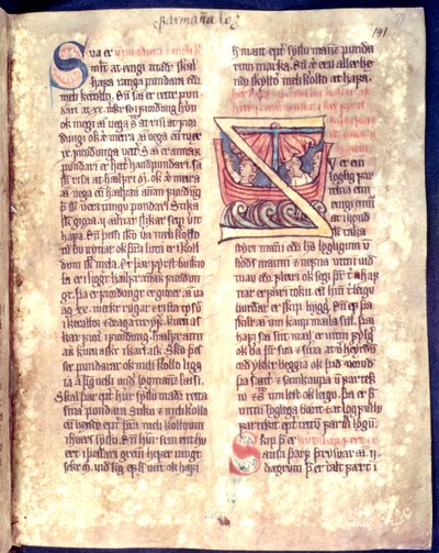 Inicial historiada del comienzo de un capítulo sobre navegación y comercio, copia de una colección de leyes original del siglo XIV Jonsbok de Icelandic School