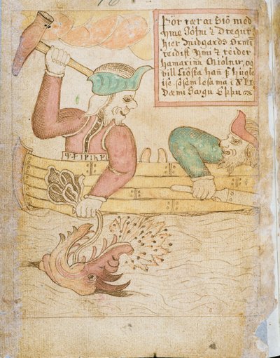 Thor atrapando a la serpiente de Midgard, de la "Edda de Melsted" (pluma y tinta y acuarela sobre papel) de Icelandic School