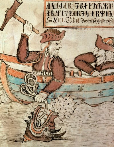 Thor pescando la serpiente de Midgard, desde el barco del gigante Hymir de Icelandic School