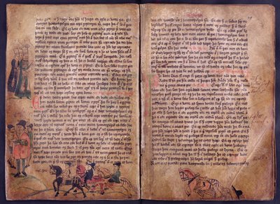 Dos páginas ilustradas de una copia de la colección de leyes original del siglo XIII Jonsbok de Icelandic School