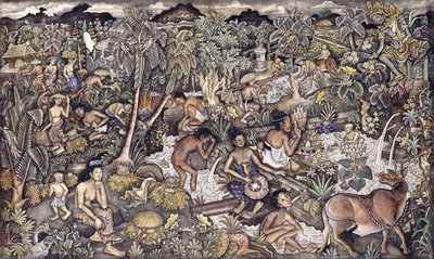Bali Life, c.1940 (óleo sobre tela de queso) de Ida Bagus Kembeng