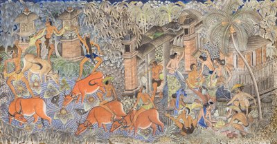Pasatiempos de vaqueros y aldeanos (témpera sobre lienzo) de Ida Bagus Kembeng
