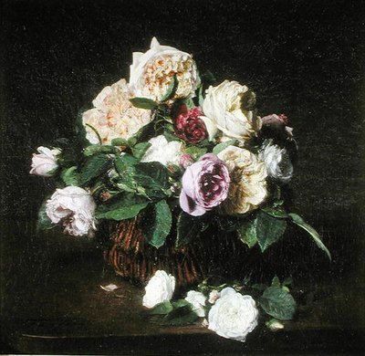 Rosas en una cesta sobre una mesa de Ignace Henri Jean Fantin Latour