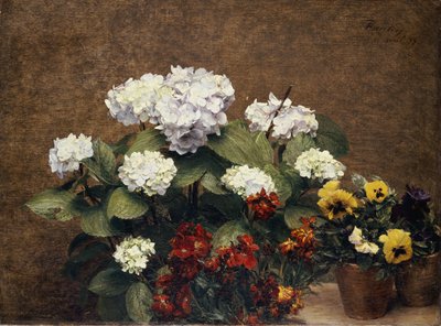 Hortensias y Alhelíes con Dos Macetas de Pensamientos, 1879 de Ignace Henri Jean Fantin Latour