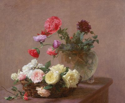 Amapolas en un jarrón de cristal, o Cesta de rosas, 1890 de Ignace Henri Jean Fantin Latour