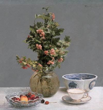 Naturaleza Muerta con Jarrón de Espino, Tazón de Cerezas, Tazón Japonés y Taza con Platillo de Ignace Henri Jean Fantin Latour