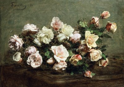 Jarrón de rosas blancas sobre una mesa de Ignace Henri Jean Fantin Latour