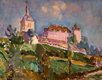 Vista del castillo y de la iglesia de Gruyères, c.1925-30 (óleo sobre cartón) de Ignace Nazaire Oswald Pilloud