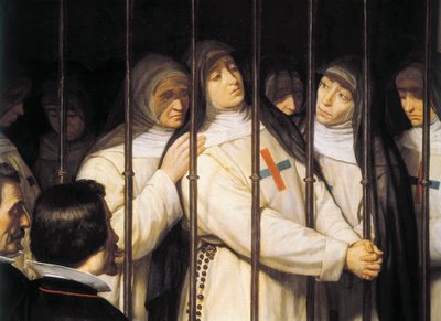 Retrato de Marcela de San Félix (1605-1687), monja, poeta y actriz, hija de Lope de la Vega, en el funeral de su padre, es apoyada por las otras hermanas de la Orden de Trinitarias que fueron discontinuadas en 1635. (detalle) de Ignacio Suarez Llanos