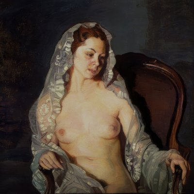 Mujer sentada desnuda con mantilla transparente – Siglo XX de Ignacio Zuloaga y Zabaleta