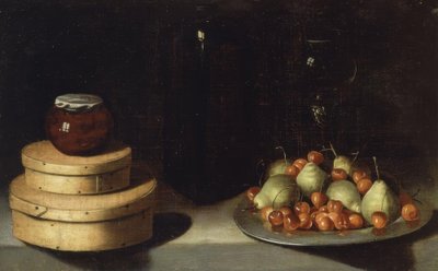Bodegón (bandeja con cerezas y peras, cajas y frasco de miel) (siglo XX) de Ignacio Zuloaga y Zabaleta