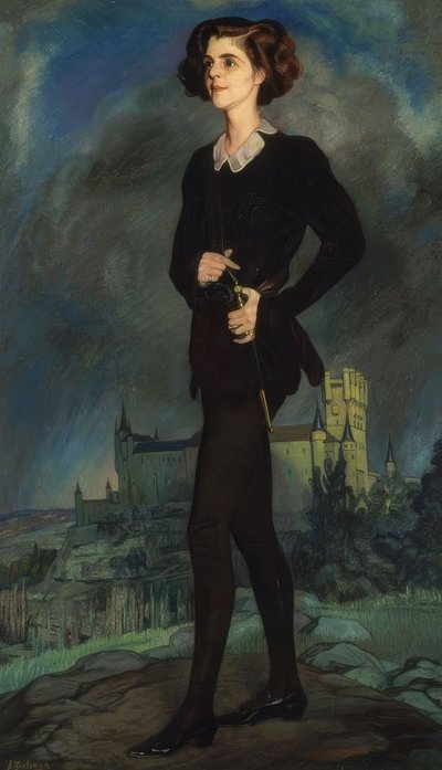 La escritora americana Michael Strange (Mrs Barrymore) con el Alcázar al fondo de Ignacio Zuloaga y Zabaleta
